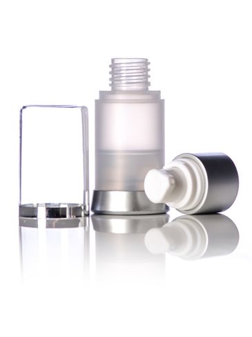 15 mL white and matte silver PP airless pump, clear frosted container with matte silver base, and clear overcap with shiny silver band (unassembled)