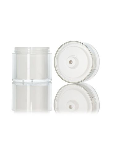50 mL clear outer shell with silver neck detail and white inner jar with white center dispensing airless pump and clear overcap (unassembled)