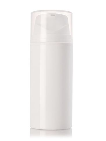 100 mL white PP plastic bottle and white PP plastic airless pump with clear overcap (unassembled)
