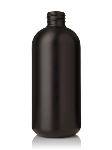 16 oz black HDPE plastic boston round bottle with 28-410 neck finish