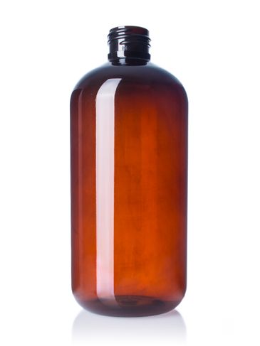 12 oz amber 100% PCR PET plastic boston round bottle with 24-410 neck finish