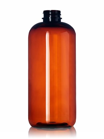 16 oz light amber PET plastic boston round bottle with 28-400 neck finish