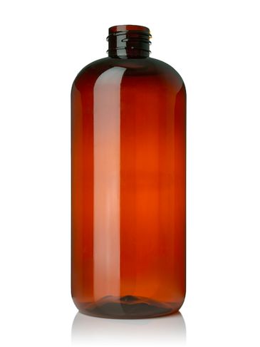 16 oz amber PET plastic boston round bottle with 28-410 neck finish