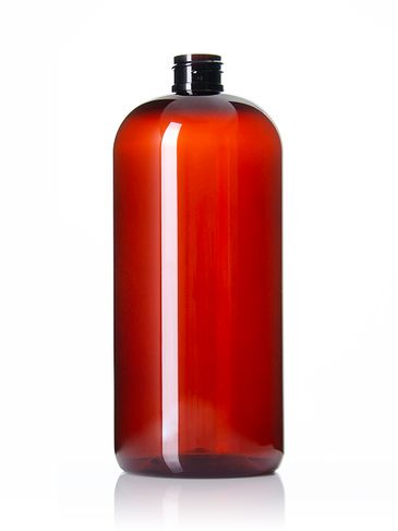 32 oz amber PET plastic boston round bottle with 28-410 neck finish