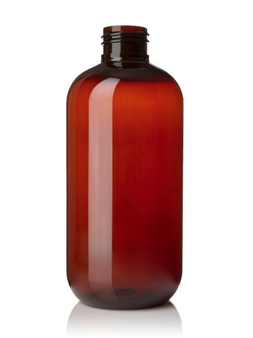 8 oz amber PET plastic boston round bottle with 24-410 neck finish