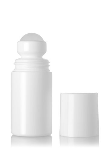 2 oz white HDPE plastic roll-on bottle with natural PP plastic roller ball and white PP plastic smooth skirt lid (unassembled)