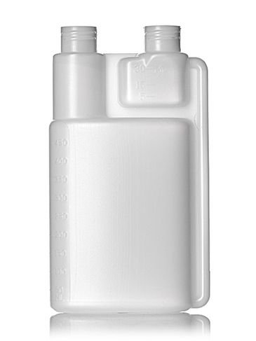 16 oz natural-colored HDPE plastic twin-neck bottle (requires 2 caps) with 28-410 neck finish