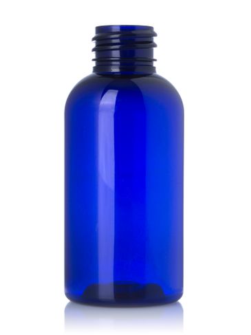 2 oz cobalt blue PET plastic boston round bottle with 20-410 neck finish