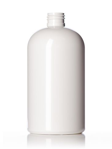 16 oz white PET plastic squat boston round bottle with 24-410 neck finish
