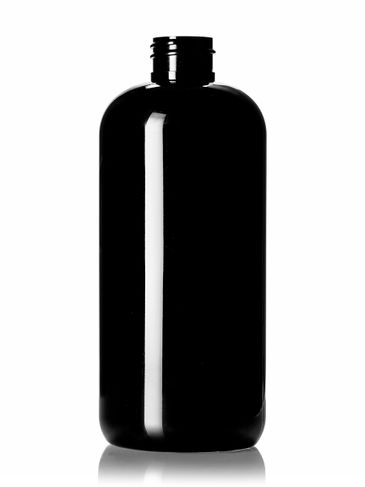 16 oz black PET plastic boston round bottle with 28-410 neck finish