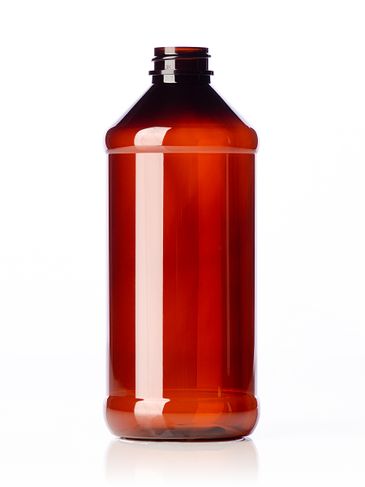 16 oz amber PET plastic modern round bottle with 28-400 neck finish