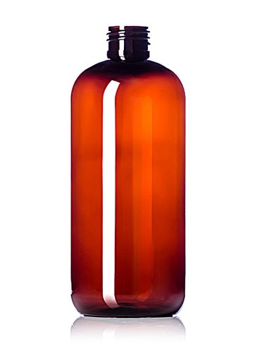 12 oz amber PET plastic boston round bottle with 24-410 neck finish
