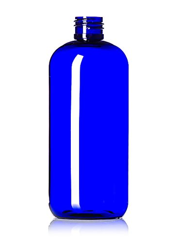 12 oz cobalt blue PET plastic boston round bottle with 24-410 neck finish