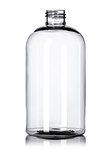 12 oz clear PET plastic squat boston round bottle with 24-410 neck finish