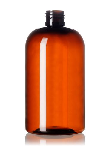 12 oz light amber PET plastic squat boston round bottle with 24-410 neck finish