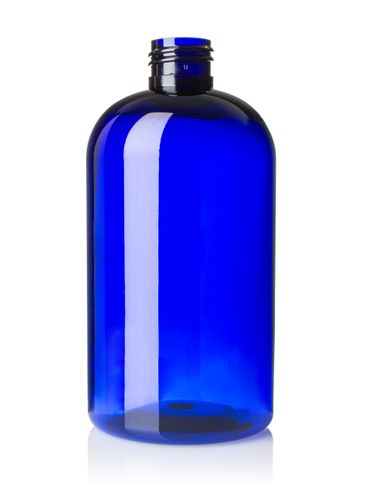 12 oz cobalt blue PET plastic squat boston round bottle with 24-410 neck finish