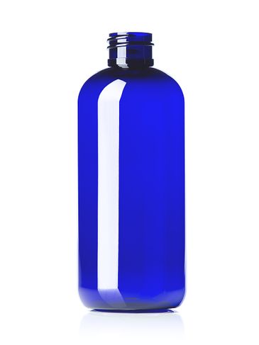 12 oz cobalt blue PET plastic boston round bottle with 28-410 neck finish