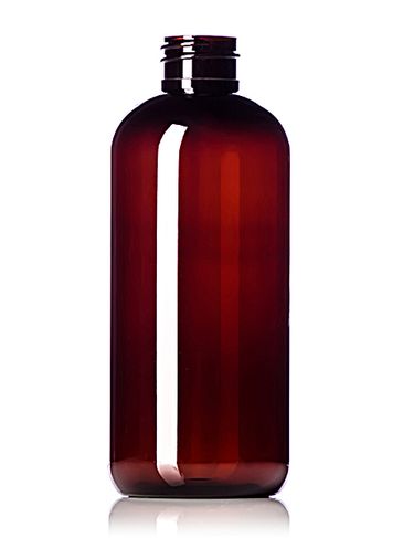 12 oz amber PET plastic boston round bottle with 28-410 neck finish
