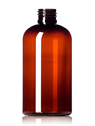 8 oz light amber PET plastic squat boston round bottle with 24-410 neck finish