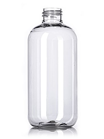 8 oz clear PET plastic boston round bottle with 24-410 neck finish