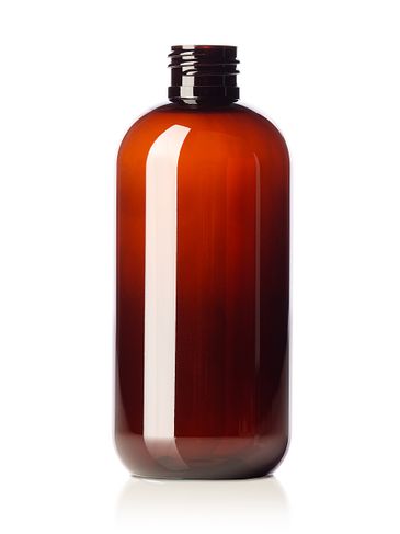 8 oz amber PET plastic boston round bottle with 24-410 neck finish