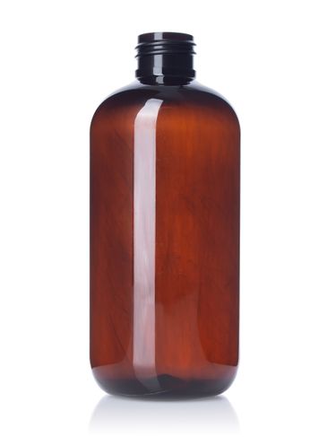 8 oz amber 100% PCR PET plastic boston round bottle with 24-410 neck finish