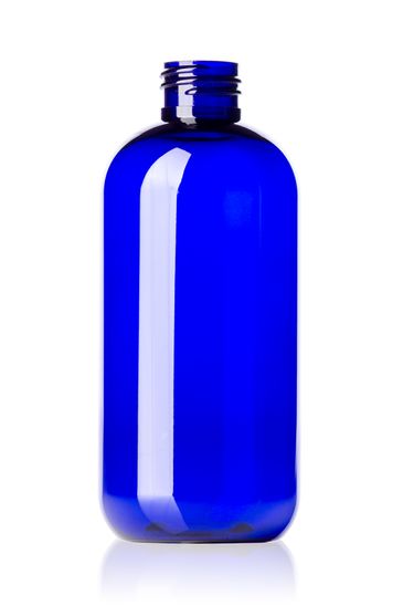 8 oz cobalt blue PET plastic boston round bottle with 24-410 neck finish