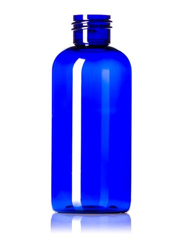 4 oz cobalt blue PET plastic boston round bottle with 24-410 neck finish