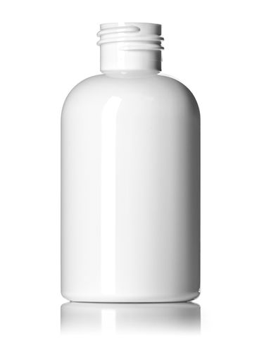 4 oz white PET plastic squat boston round bottle with 24-410 neck finish