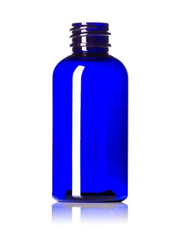 2 oz cobalt blue PET plastic boston round bottle with 20-410 neck finish