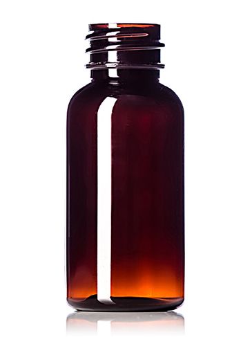 1 oz amber PET plastic boston round bottle with 20-410 neck finish