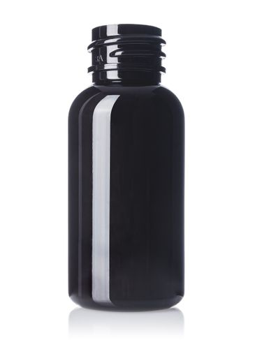1 oz dark amber PET plastic boston round bottle with 20-410 neck finish