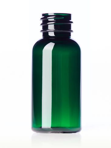 1 oz green PET plastic boston round bottle with 20-410 neck finish