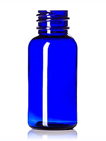 1 oz cobalt blue PET plastic boston round bottle with 20-410 neck finish