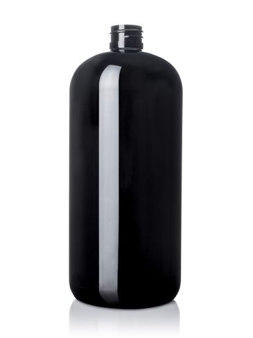 32 oz black PET plastic boston round bottle with 28-410 neck finish