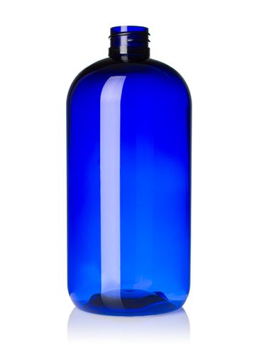 24 oz cobalt blue PET plastic squat boston round bottle with 28-410 neck finish