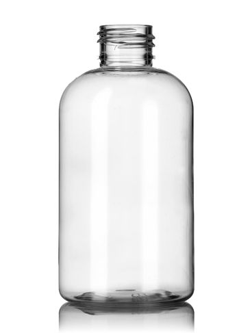 6 oz clear PET plastic squat boston round bottle with 24-410 neck finish