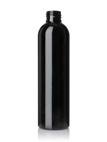 8 oz black PET plastic cosmo round bottle with 24-410 neck finish