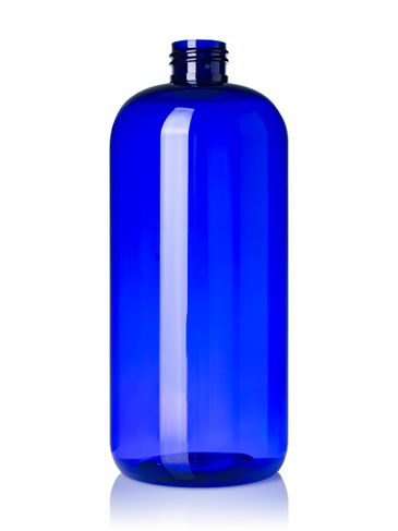 16 oz cobalt blue PET plastic boston round bottle with 24-410 neck finish