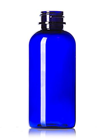 4 oz cobalt blue PET plastic boston round bottle with 24-400 neck finish