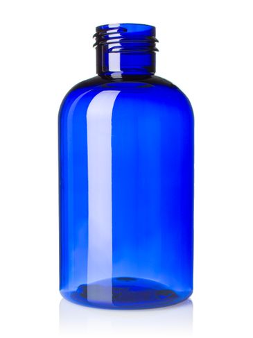 4 oz cobalt blue PET plastic squat boston round bottle with 24-410 neck finish