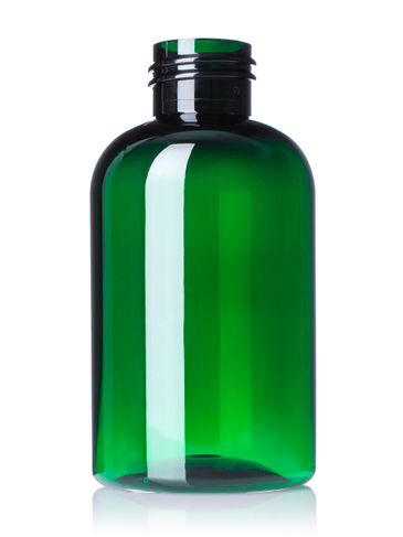 4 oz green PET plastic squat boston round bottle with 24-410 neck finish