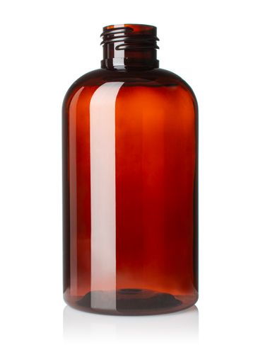 6 oz amber PET plastic squat boston round bottle with 24-410 neck finish