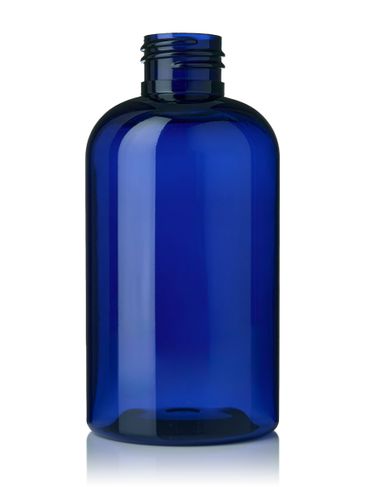6 oz cobalt blue PET plastic squat boston round bottle with 24-410 neck finish