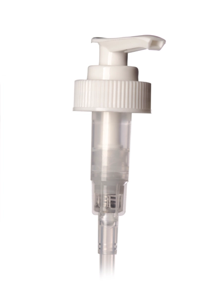 White PP Plastic 28-400 Ribbed Skirt Down-Lock Saddle Head Dispensing Pump – DP03WH