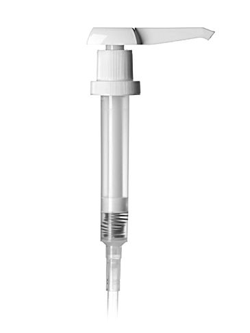 White PP plastic 38-400 ribbed skirt down-lock dispensing pump with 11 inch dip tube (1 oz output)