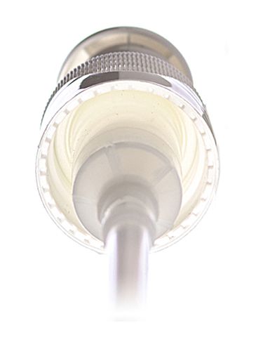 White PP plastic 24-410 ribbed skirt up-lock spiral-shaped cowl dispensing pump with 8.75 inch dip tube (1.5 cc output)