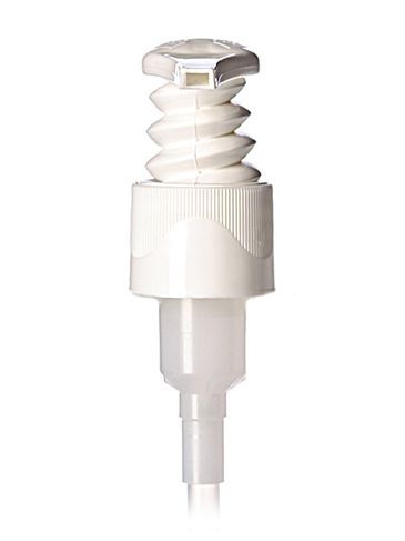 White PP plastic 24-410 ribbed skirt up-lock spiral-shaped cowl dispensing pump with 8.75 inch dip tube (1.5 cc output)