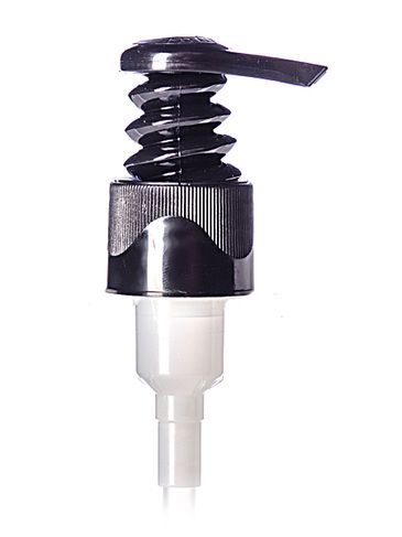 Black PP plastic 24-410 ribbed skirt up-lock spiral-shaped cowl dispensing pump with 6.75 inch dip tube (1.5 cc output)