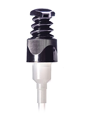 Black PP plastic 24-410 ribbed skirt up-lock spiral-shaped cowl dispensing pump with 6.75 inch dip tube (1.5 cc output)